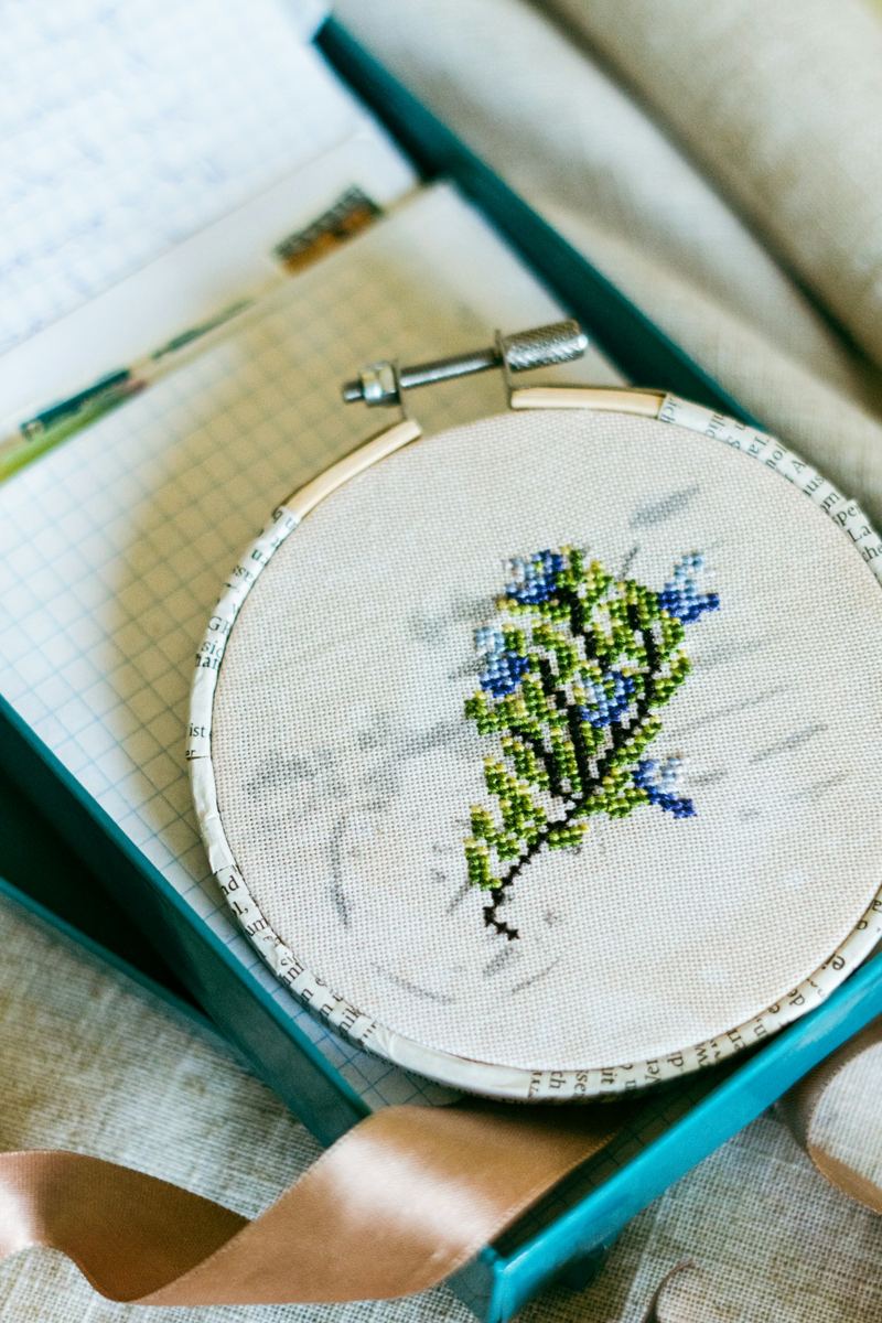 A small cross stitch of blue flowers in a wooden embroidery hoop