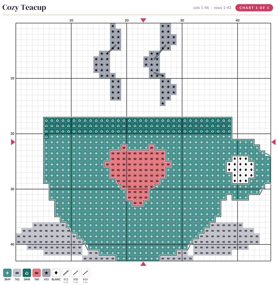 A chart page from the Cozy Teacup pattern: colored squares with a symbol in each, numbered rows and the thread key