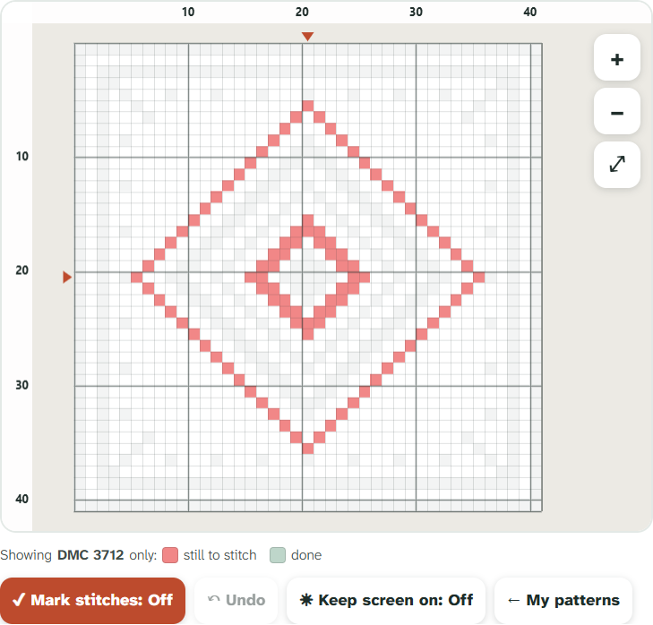 The Stitch Tracker showing one thread color on a chart, with zoom buttons