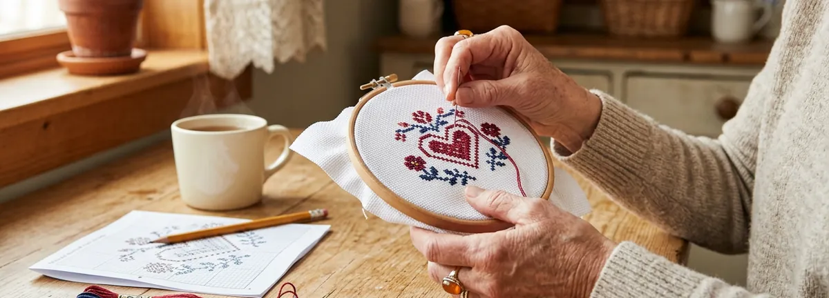 Hands stitching a red and navy cross stitch heart in a wooden hoop at a kitchen table