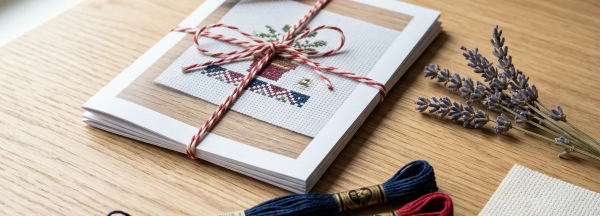 Printed cross stitch patterns tied with red and white twine, with two skeins of floss and lavender