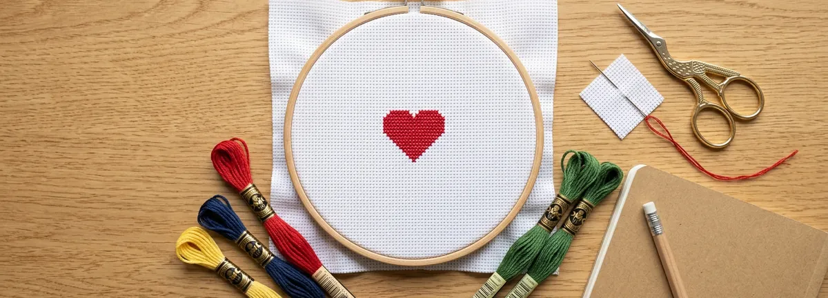 A beginner cross stitch kit: wooden hoop with white Aida and a small red heart, embroidery floss, needle, scissors and a notebook