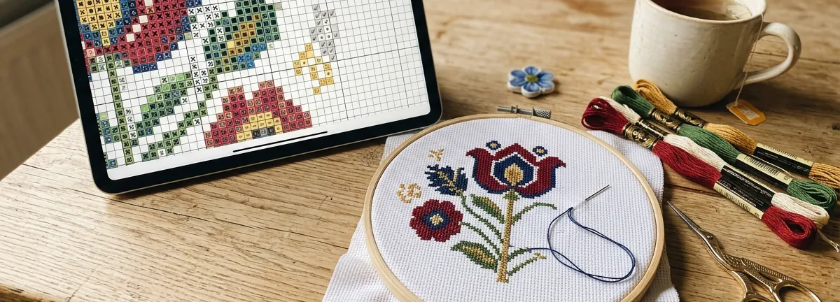 An iPad showing a cross stitch chart next to a hoop with a half finished flower design