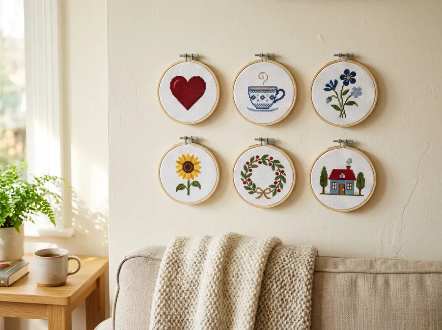 Six finished cross stitch pieces in wooden hoops hung on a living room wall
