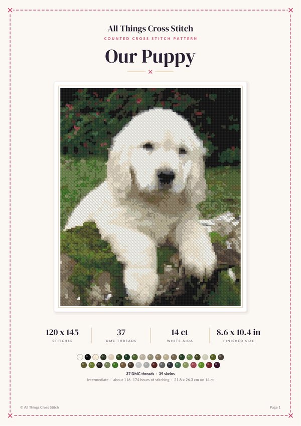 Cover page of the puppy cross stitch pattern PDF with size, thread count and finished size