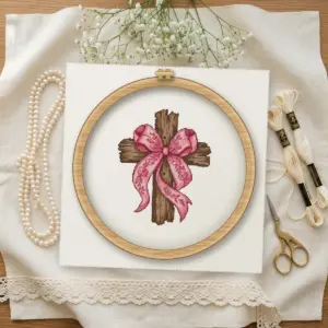 Rustic Cross with Pink Bow cross stitch pattern stitched in a wooden hoop
