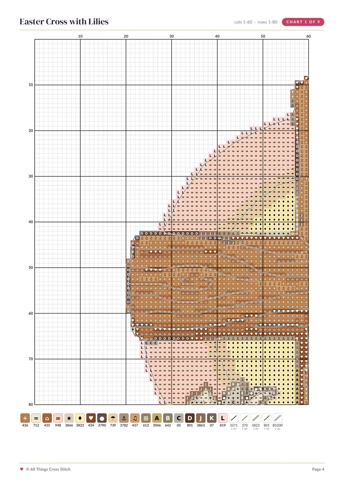 Chart page of the Easter Cross with Lilies cross stitch pattern with symbols and DMC colors