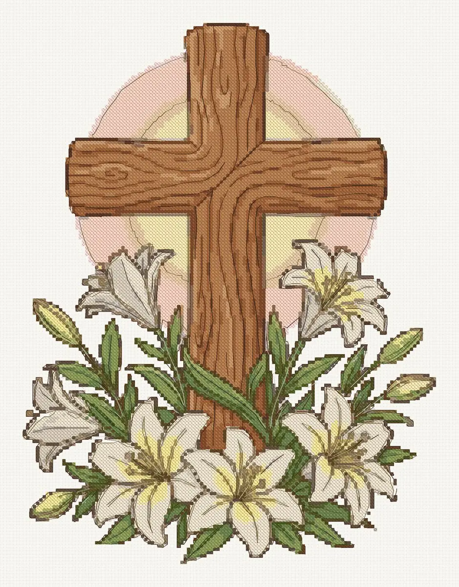 Stitched preview of the Easter Cross with Lilies cross stitch pattern