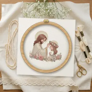 Jesus Blessing a Little Girl cross stitch pattern stitched in a wooden hoop
