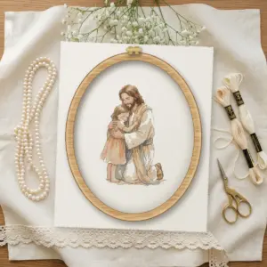 Jesus Hugging a Child cross stitch pattern stitched in a wooden hoop