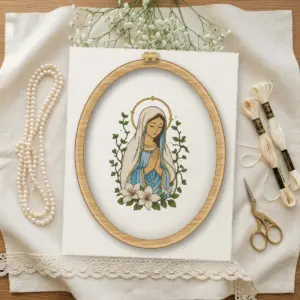 Praying Virgin Mary cross stitch pattern stitched in a wooden hoop